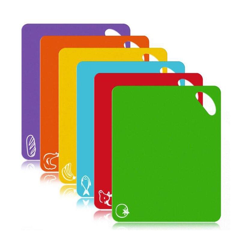 Set of 6 Colored Chopping Board Mats with Food Icons & Easy-Grip Handles Thick Flexible Plastic Kitchen Cutting Board Mats Set Non-Porous Dishwas