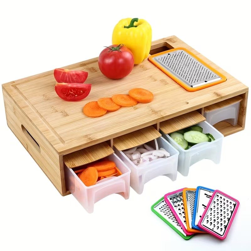 Bamboo Cutting Board with Food Containers, Wooden Chopping Board with Storage Trays, Cheese Grater and Juice Groove for Meat