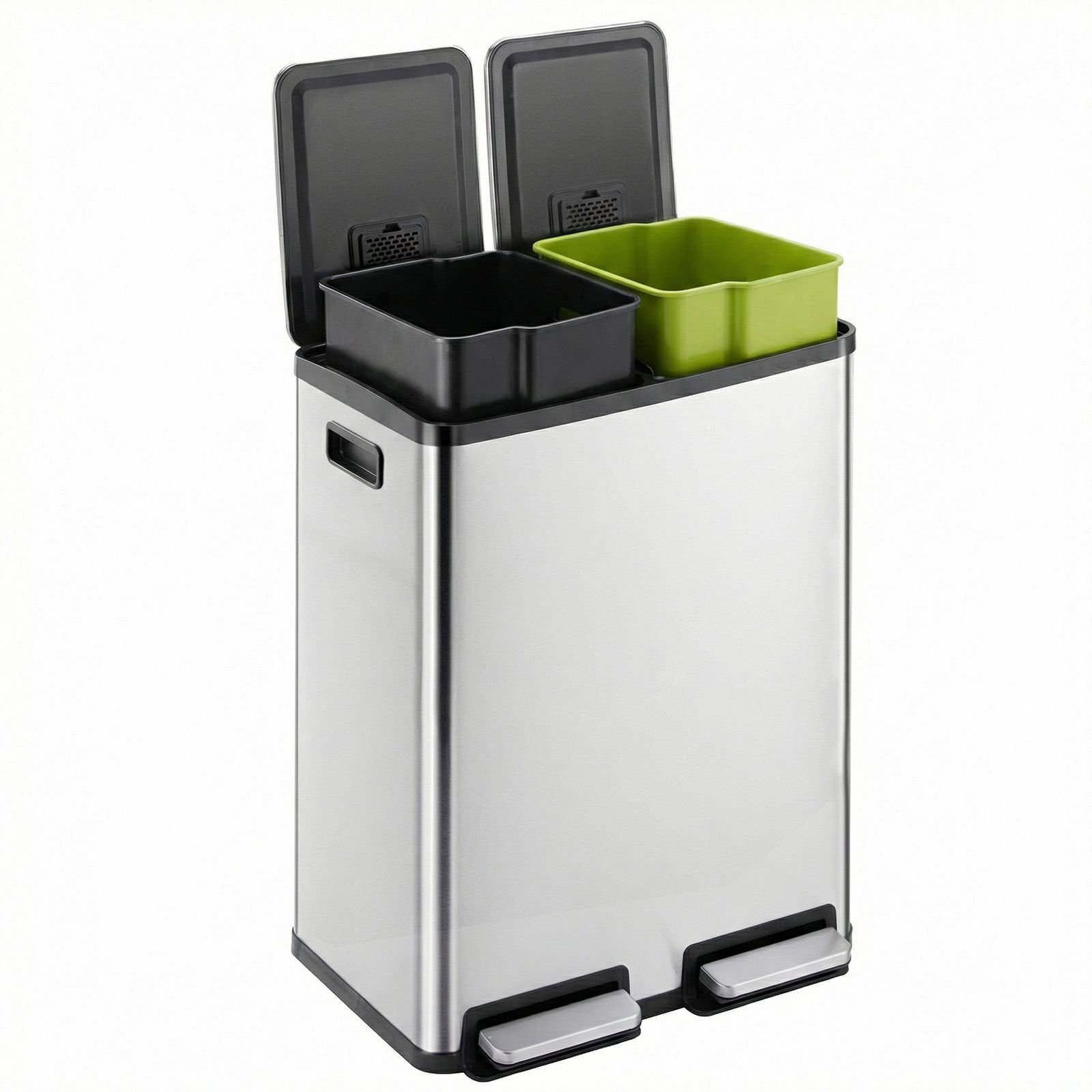 Trash Can with Lid - Large 60 Liter Stainless Steel Trash Can, Dual Compartment Plastic Inner Bucket (2 x 8 Gallon), Sealed Trash Can