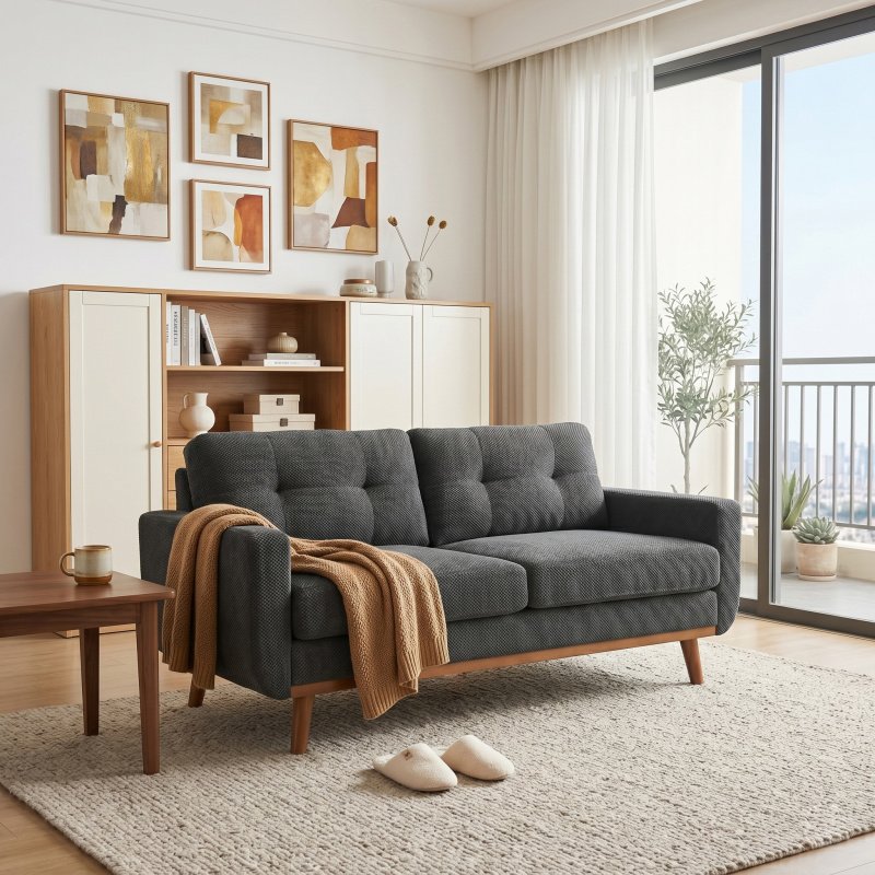 65-inch Modern Minimalist Two-Seater Sofa, featuring  nubby upholstery and solid wood legs (Option: DARK GREY)
