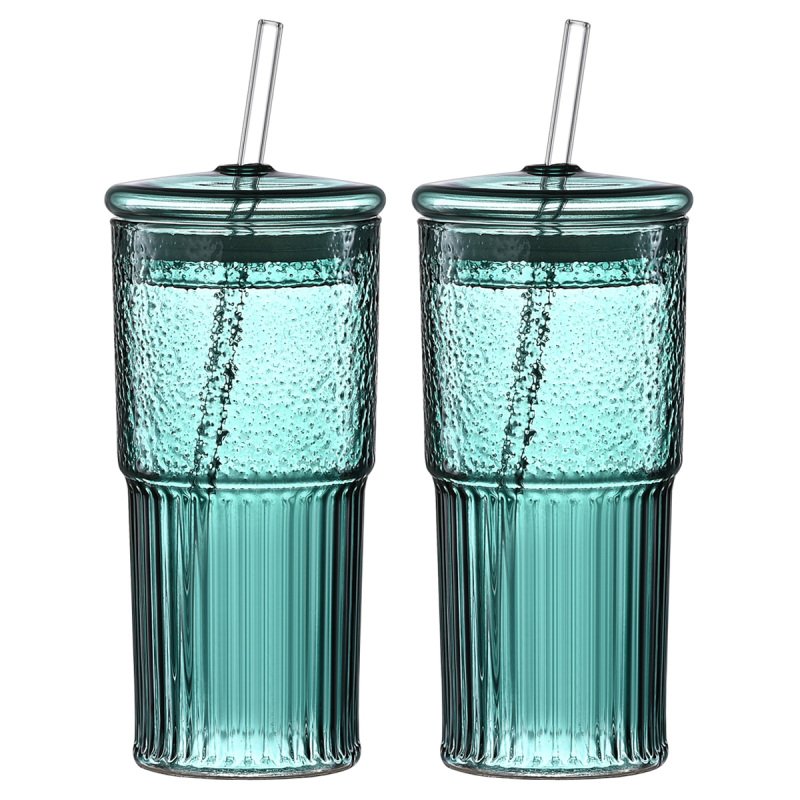 20 Oz 2-pack Green Glass Straw Cup With Vertical Pattern Cup And Lid, High Borosilicate Heat-resistant Glass Cup For Juice, Milk And Cold Drinks (Option: Dark Green)