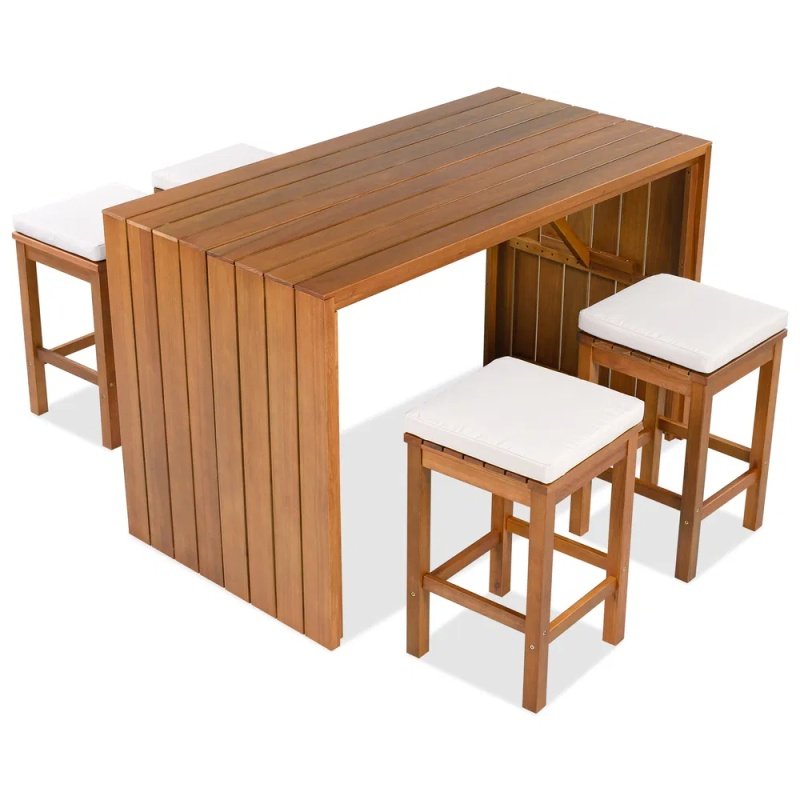 5 Piece Outdoor Bar Set, Patio Acacia Wood Bar Height Table & Four Stools With Cushions, Wood Dining Bar Set For Backyard, Poolside, Balcony, Bei (Option: defaulttitle)