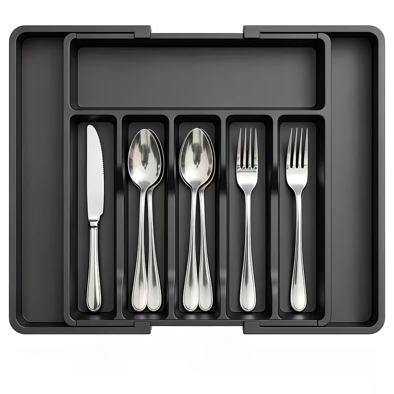 Expandable Utensil Tray For Kitchen, BPA Free Flatware And Cutlery Holder, Adjustable Plastic Storage For Spoons Forks Knives (Option: Black)