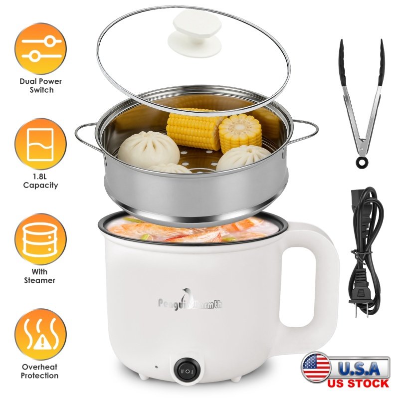 1Pc Electric Hot Pot With Steamer 1.8L Mini Portable Hot Pot With 300W 600W Dual Power For Egg Fried Rice Ramen Oatmeal Soup Overheat Protection (Option: White)