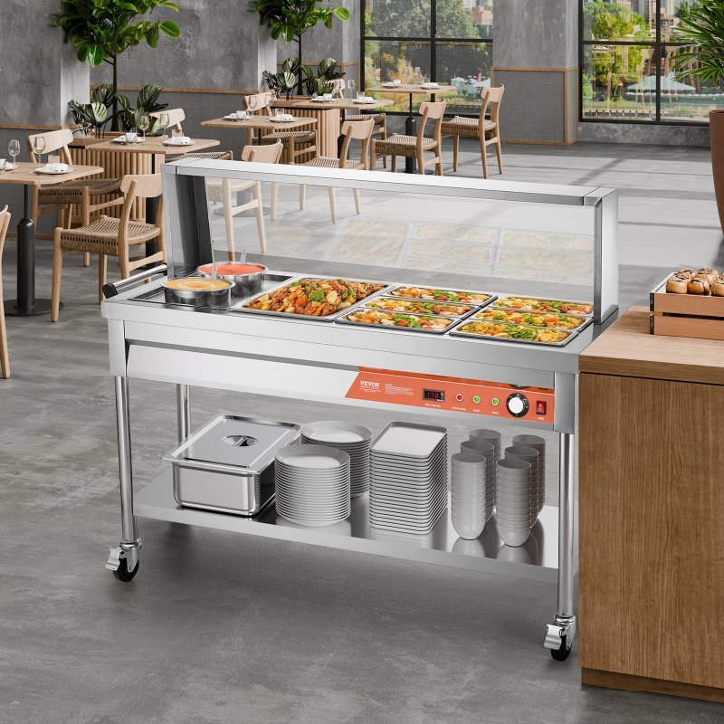 7 Pans + 2 Pots Commercial Food Warmer Steam Table With Undershelf Shield (Option: Silver)