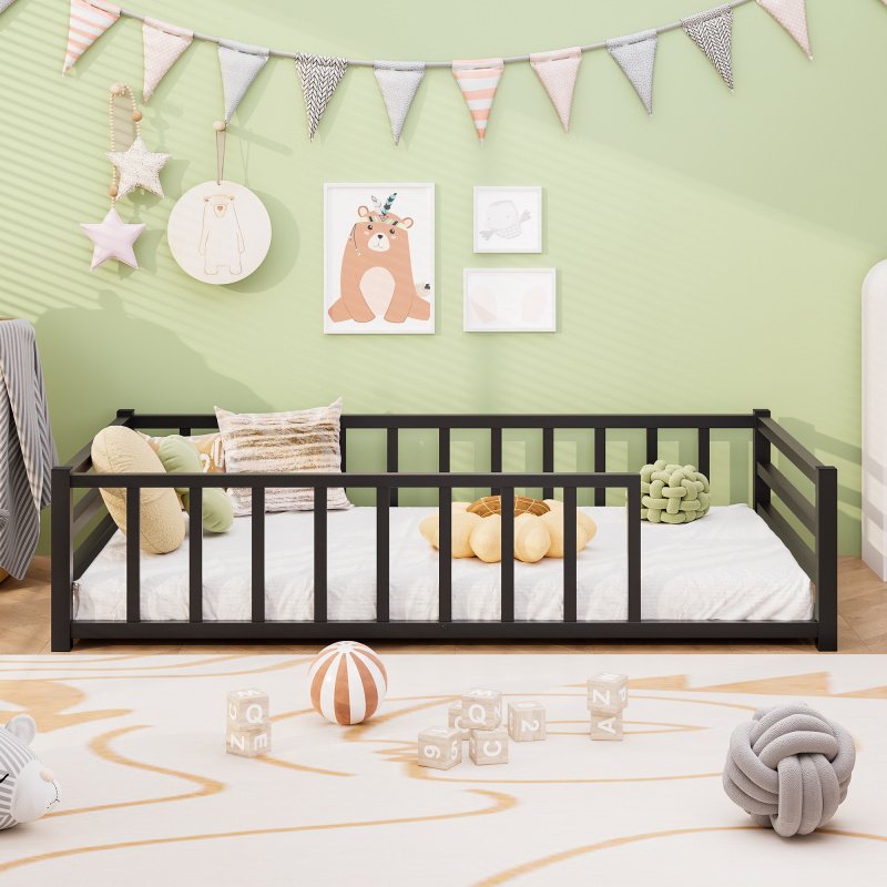 Twin Size Floor Bed, Low Profile Metal Platform with Heavy Duty Guardrails, No Box Spring Needed, Black (Option: Black)