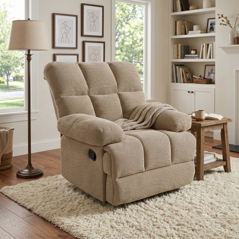 Modern Manual Rocker Recliner Chair, with nubby upholstery Fabric for Living Room (Option: Camel)