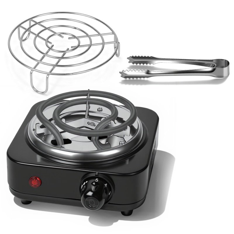 1Pc Electric Charcoal Burner 500W Hookah Charcoal Burner Compact Coal Burner For Hooka Cubes Shisha With Grill And Tongs 5 Temperature Gears Ther (Option: Black)