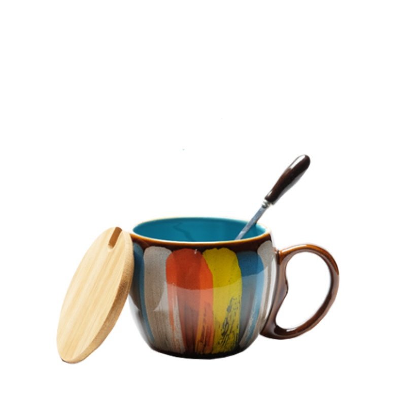 Creative ceramic cup milk cup water cup coffee cup breakfast cup couple cup to cup mug with lid spoon (Option: Blue)