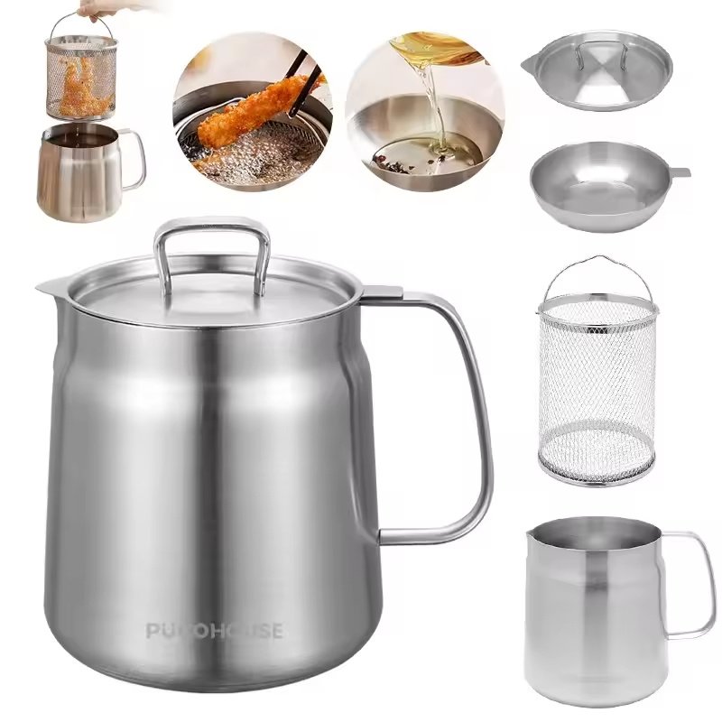 2L Stainless Steel Oil Filter Pot, With Fine Mesh Filter, Oil Storage Tank, Frying Basket (Option: Silver-2L)