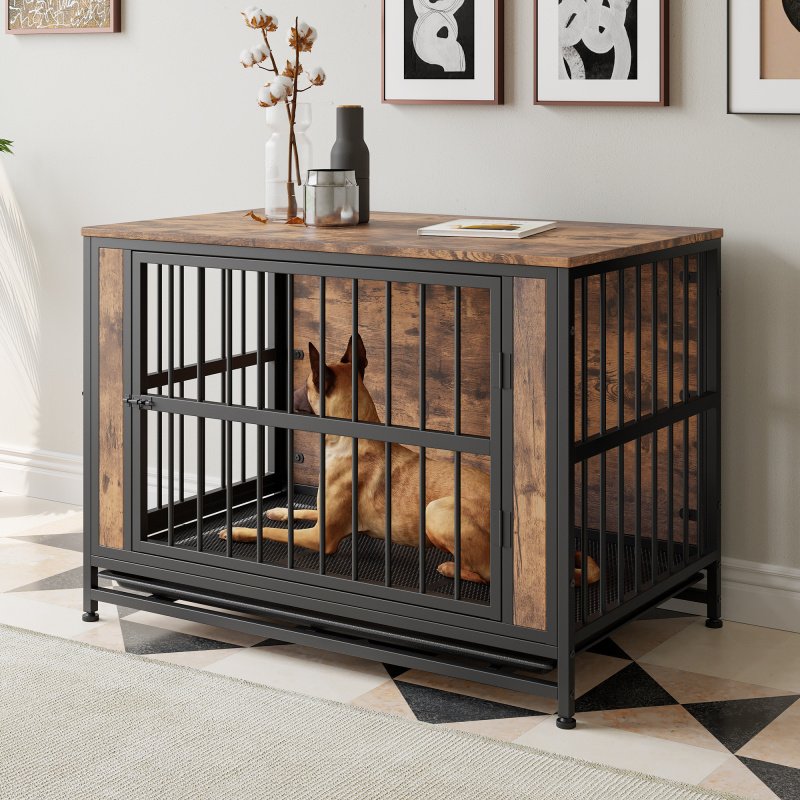Dog Crate Furniture,  Wooden Dog Crate Table, 38.9" Dog Kennel with 2 Sliding Doors and Thick Iron Door Frame, Decorative Pet Crate House for Lar (Option: Black Brown)