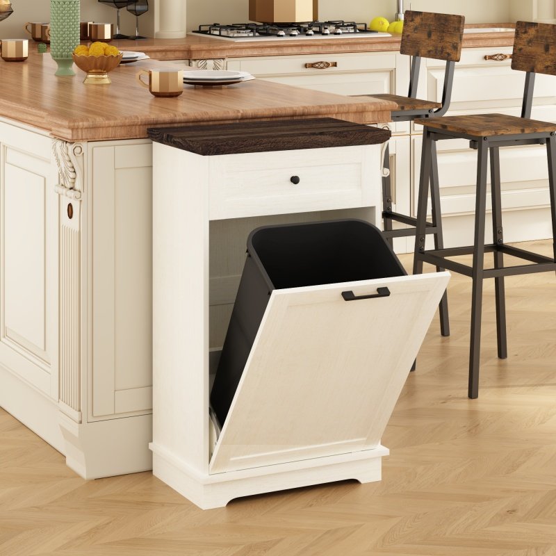 10 Gallon Tilt Out Trash Cabinet Freestanding Trash Bin Cabinet Wood Garbage Recycling Cabinet with Drawer Pet Proof Trash Can Holder for Kitchen (Option: Antique White)