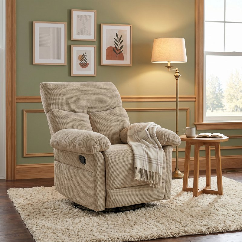 Modern Swivel Rocker Recliner Chair, Manual Overstuffed Glider Armchair with Textured Fabric for Living Room and Nursery (Option: Camel)