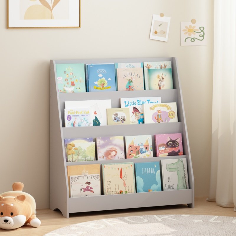 4-Tier Kids Bookshelf, Toddler Book Display Shelves, Helps Keep Bedrooms, Playrooms, and Classrooms Organized, MDF, Gray (Option: Gray)