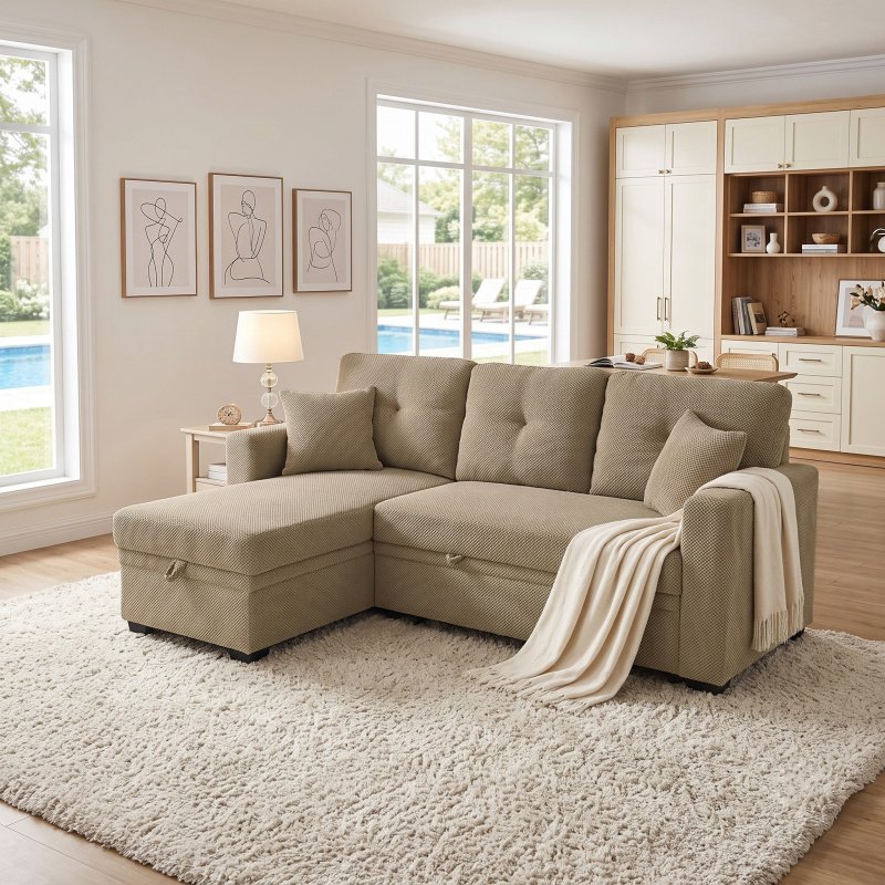Sleeper Sofa, Sectional with Pull-Out Bed, Reversible Chaise, Storage Sectional, Small Space Solution, Convertible Sofa Bed, Living Room Furnitur (Option: Camel)