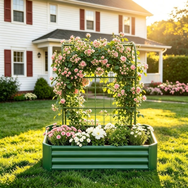 2-in-1 Raised Garden Bed with Trellis - 59" Tall Arch Planter Box for Climbing Plants, Outdoor Galvanized Metal Gardening Bed for Vegetables, Fru (Option: Green)