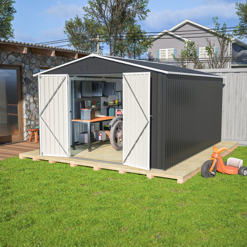 Outdoor Storage Shed 10x12 FT, Utility Metal Tool Storage with Lockable Doors and Updated Frame Structure, Large Metal Garden Shed for Backyard, (Option: Black)