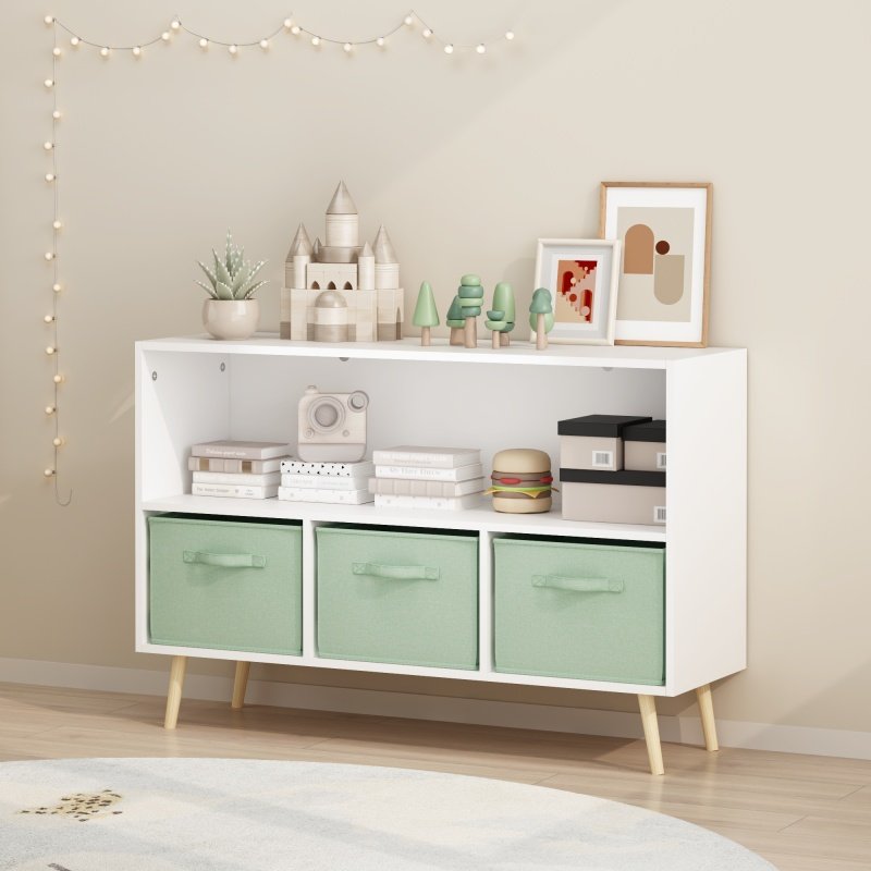 Kids bookcase with Collapsible Fabric Drawers, Children's Book Display, Toy Storage Cabinet Organizer, White/Green (Option: White+Green)
