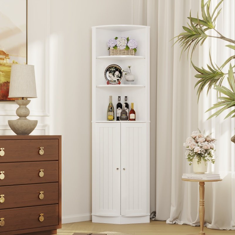 67" Tall Corner Cabinet with 2 Doors and Adjustable Shelves, Narrow Freestanding Storage Cabinet Organizer, Corner Storage Cabinets for Bathroom, (Option: White)