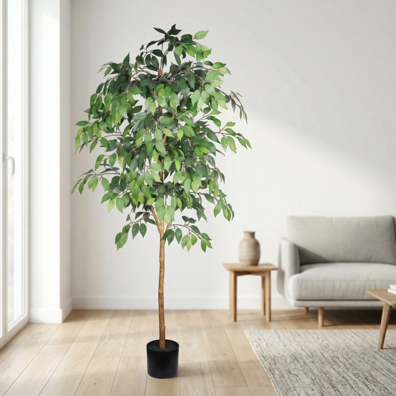 6FT Artificial Ficus Tree with Natural Trunk in Black Plastic Pot for Indoor Home Office Decor, 1pc/set (Option: Green Leaves)