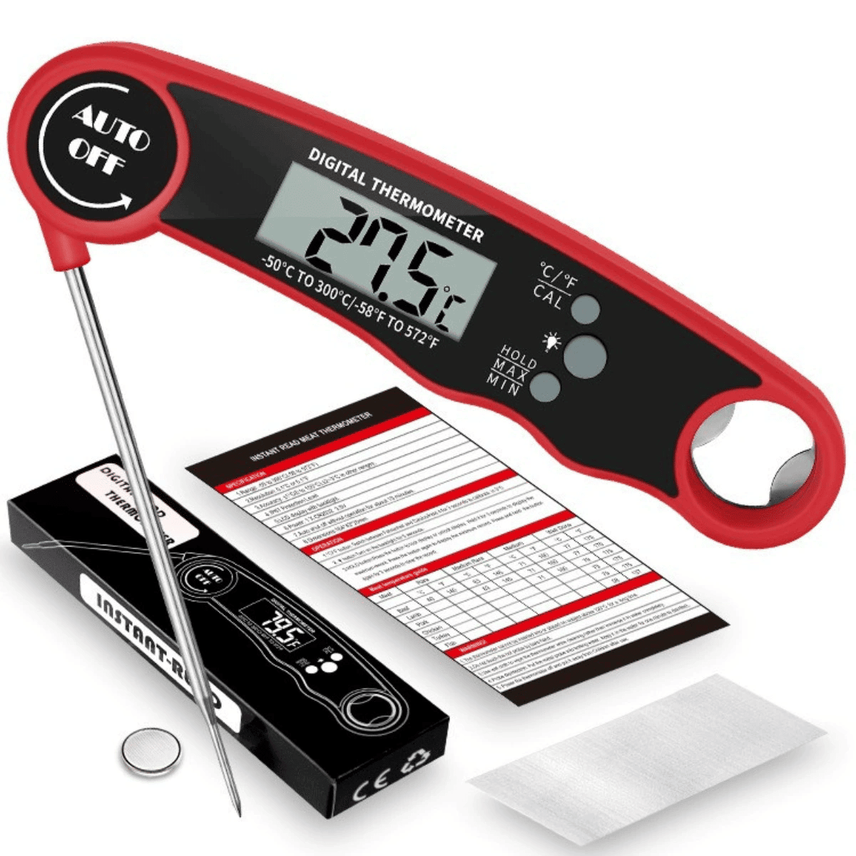 Digital Meat Thermometer with Probe - Waterproof;  Kitchen Instant Read Food Thermometer for Cooking;  Baking;  Liquids;  Candy;  Grilling BBQ & (Color: Red)