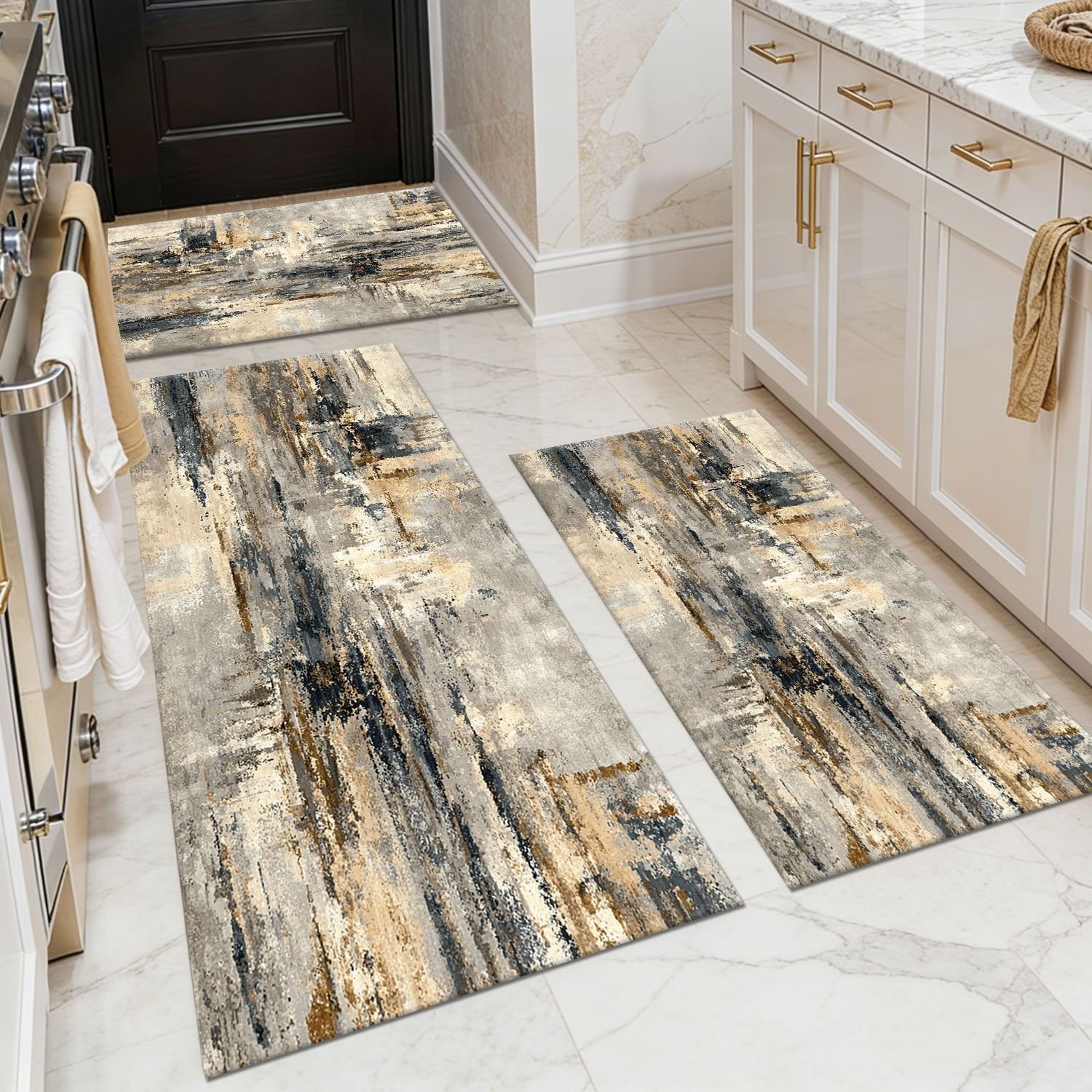 Three-piece kitchen rug set, non-slip and washable, abstract pattern kitchen hallway rug, soft and comfortable, suitable for sinks, floors, entra (Main Color: White, Main Material: Polyester)