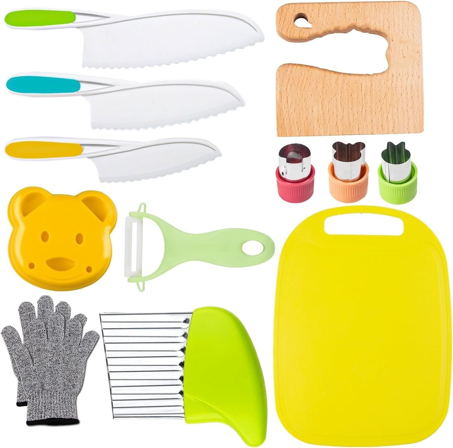8 Pcs Wooden Kitchen Knife Set for Kids - Includes Safe Knives, Serrated Plastic Knives, Potato Slicers, Sandwich Cutter, Peeler and Cutting Boar (size: 13 pieces)