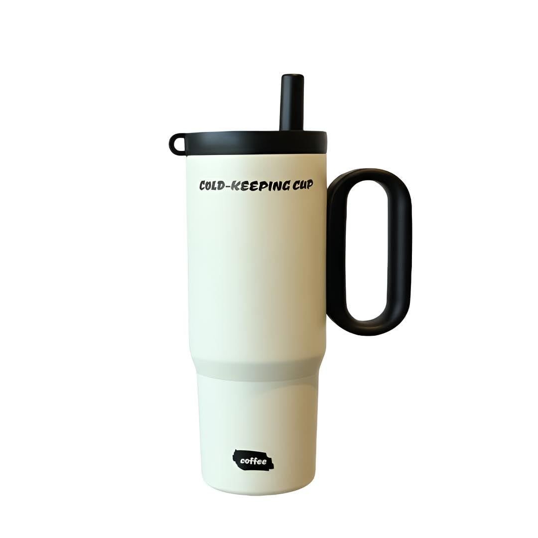 Premium 24 oz Insulated Tumbler with Handle and Straw, 18/8 Stainless Steel Travel Coffee Mug with Tea Infuser & Dust Cover (Color: White)