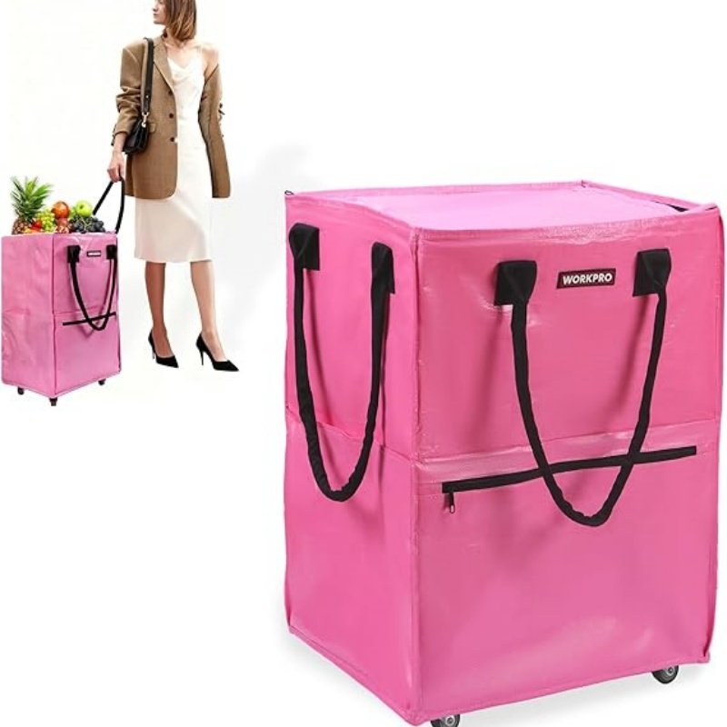 Reusable Grocery Bag on Wheels, Heavy Duty Rolling Shopping Tote with Handle (Color: Pink   Medium)