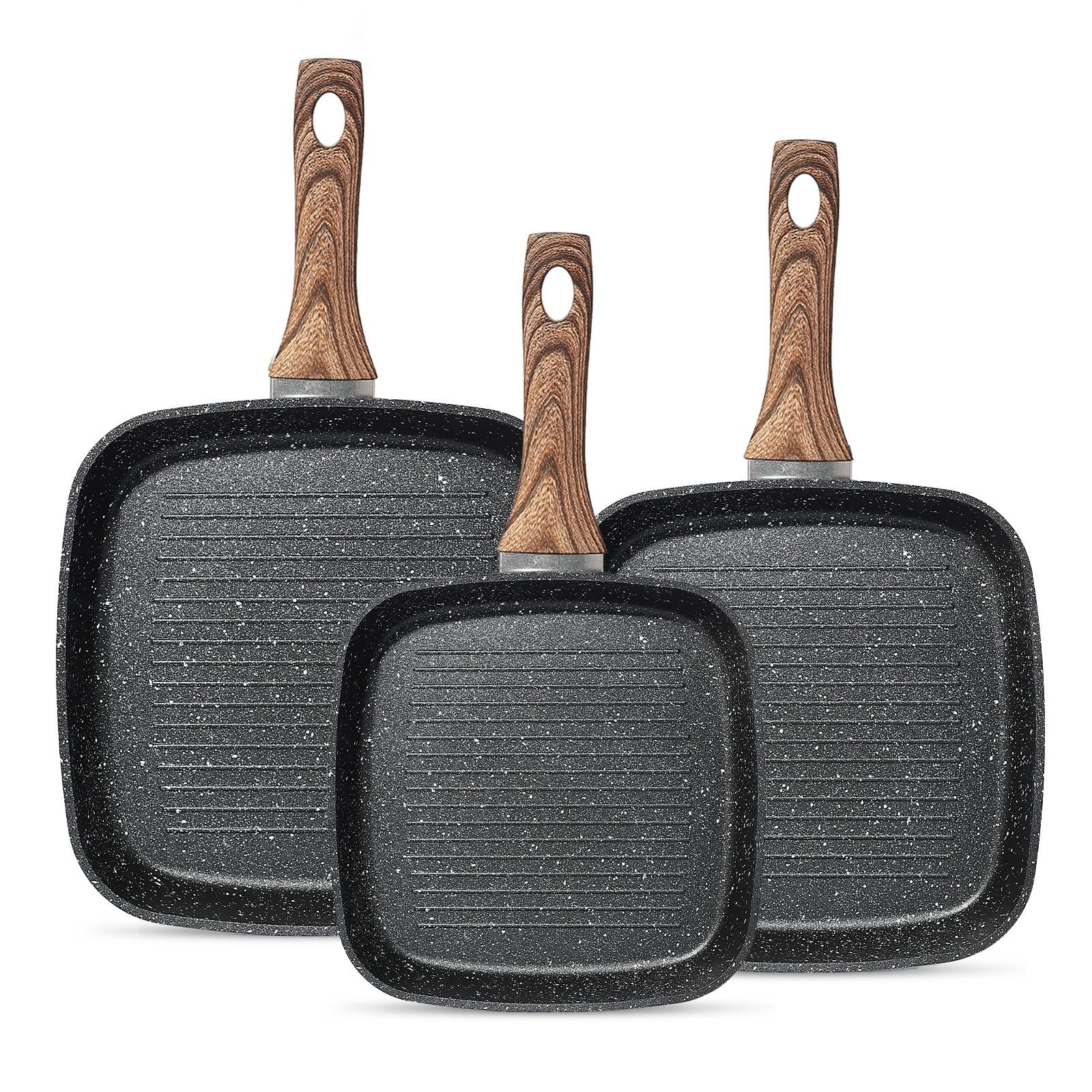 Nonstick Frying Pan Skillet Set, 3 Piece Square Grill Pans with Stay Cool Handle & PFOA Free, Compatible with All Stovetops(9.5" 10" 11") (Color: Black)