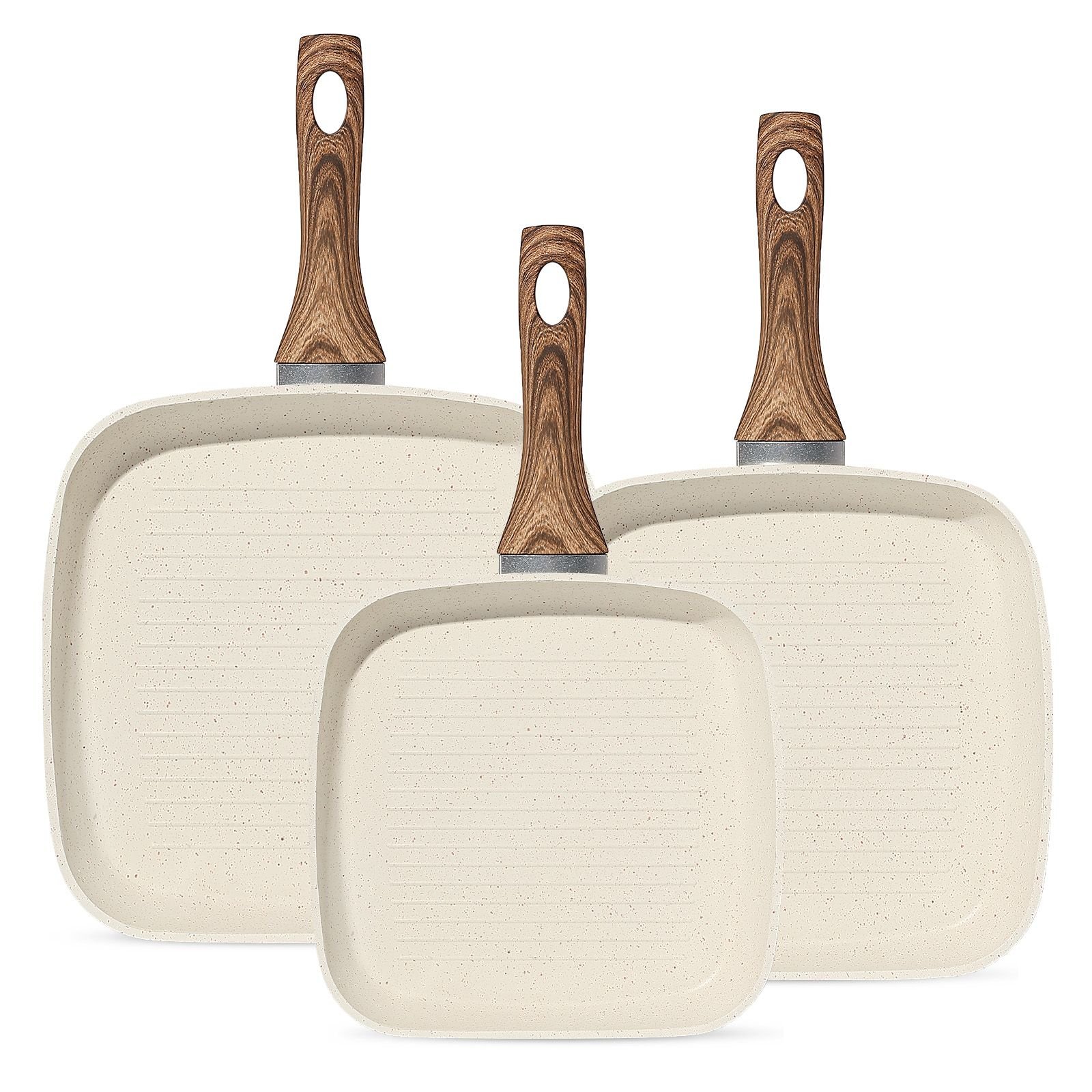 Nonstick Frying Pan Skillet Set, 3 Piece Square Grill Pans with Stay Cool Handle & PFOA Free, Compatible with All Stovetops(9.5" 10" 11") (Color: Beige)
