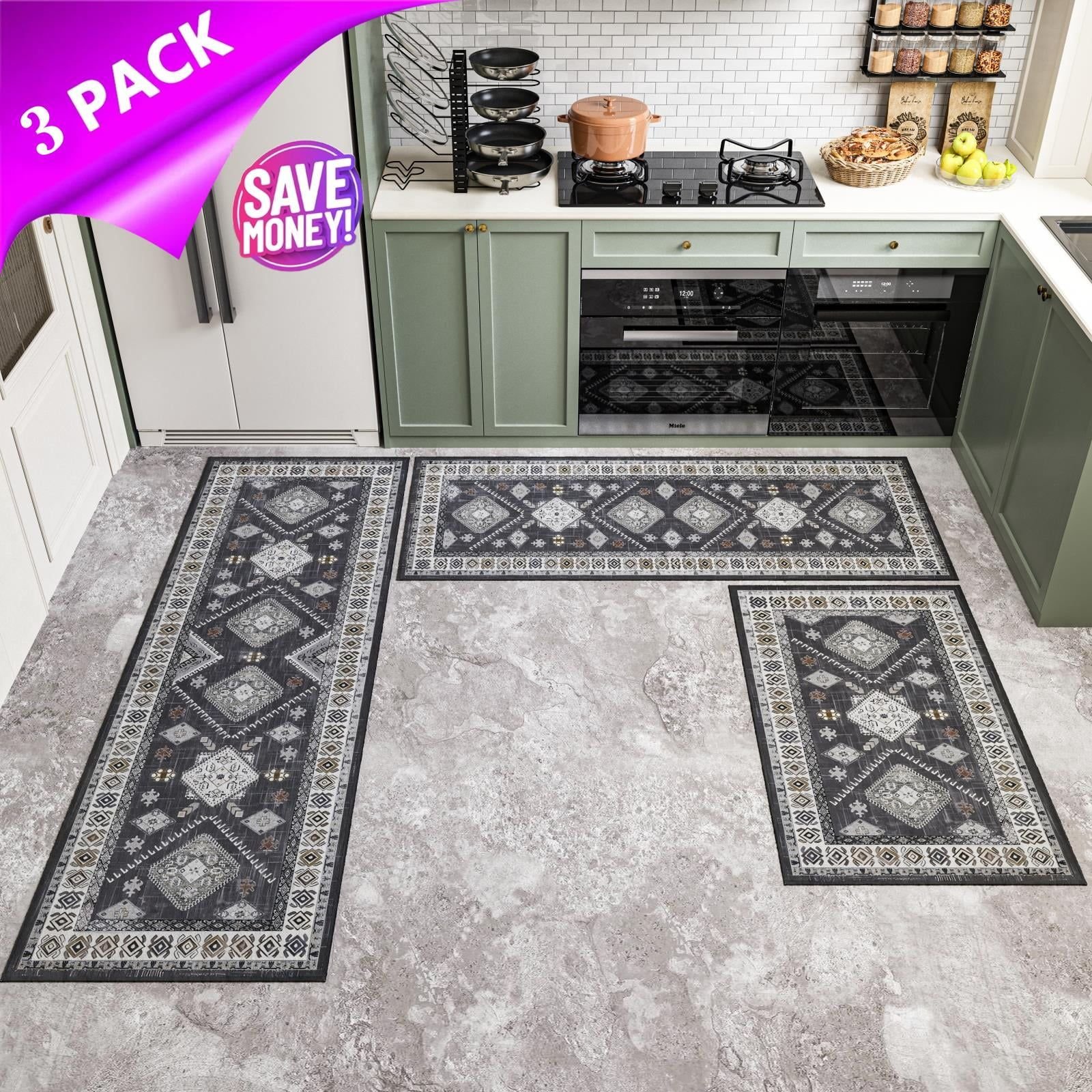 Kitchen Rug Sets 3 Piece with Runner Non Slip Kitchen Rugs and Mats Washable Kitchen Mats for Floor Thick Kitchen Floor Mat Carpet Runner Rugs fo (Color: gray)