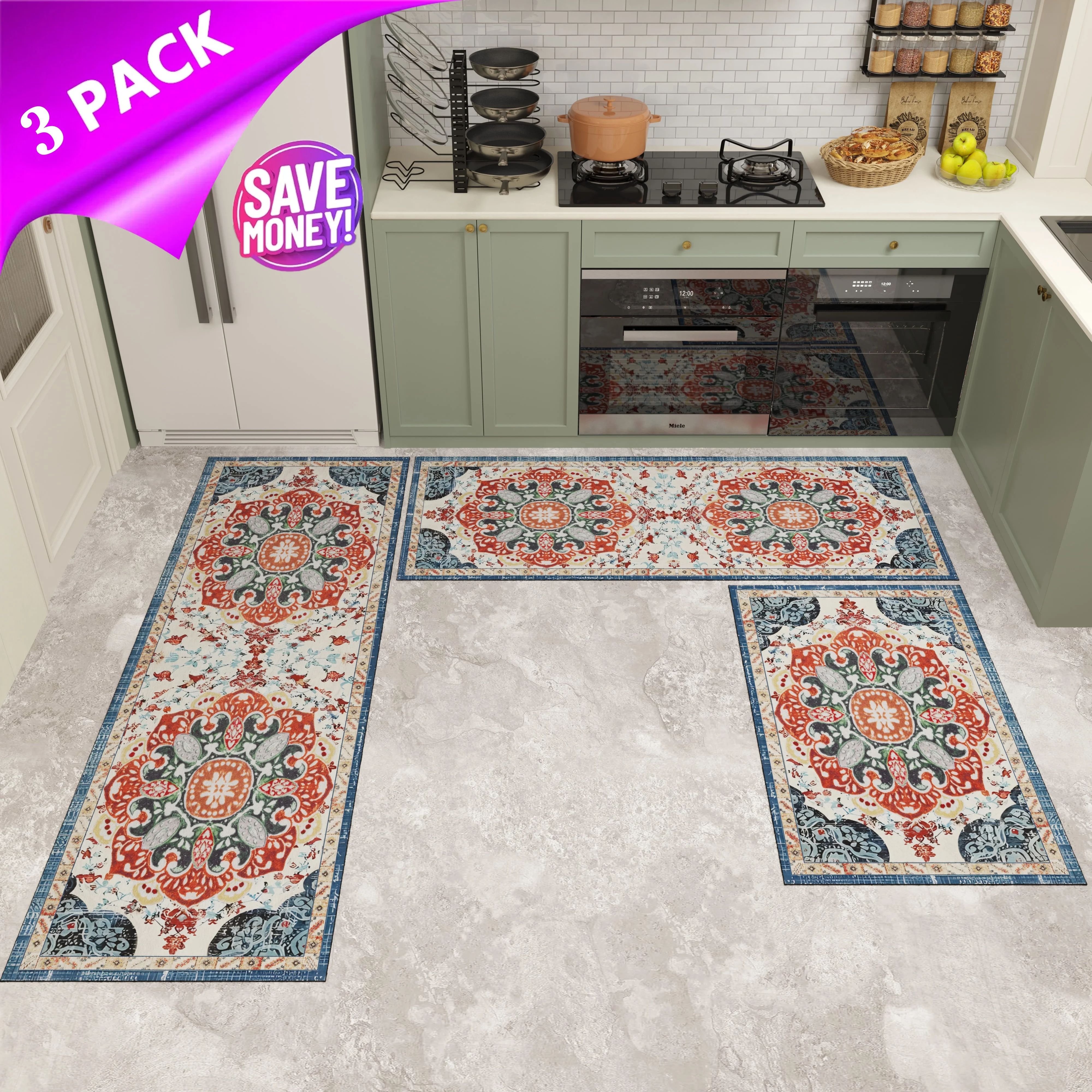 Kitchen Rug Sets 3 Piece with Runner Non Slip Kitchen Rugs and Mats Washable Kitchen Mats for Floor Thick Kitchen Floor Mat Carpet Runner Rugs fo (Color: Mixed)