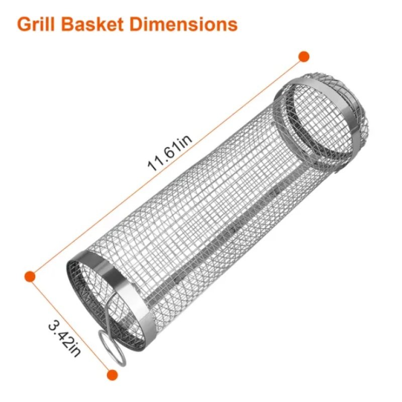 2Pcs 3.42x11.61Inch Portable BBQ Rolling Basket Round Stainless Steel Grill Mesh Barbecue Net Tube With Removable Cover Outdoor Camping (Option: Style1)