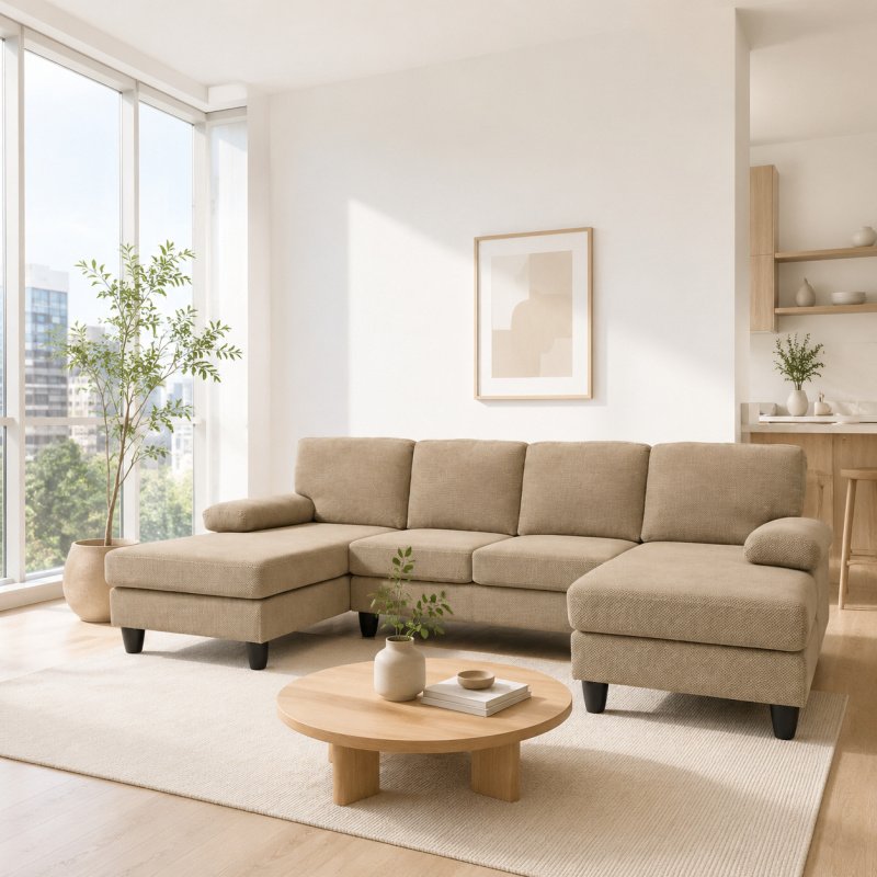 nubby upholstery  U-Shaped Sofa, Comfortable Dual Chaise Design with  Upholstered Armrests (Option: Camel)