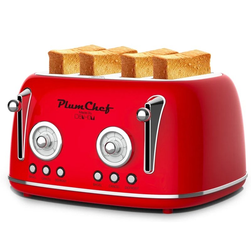 4 Slice Retro Style Toaster, Dual Control Toaster With Warming Rack, 6 Browning Settings, Bagel/Defrost Functions, Removable Crumb Tray, Stainles (Option: Red)